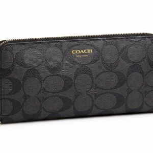 Coach Black and Gray Signature Zip Wallet with Gold Logo